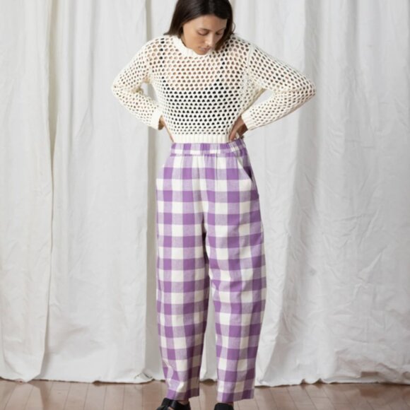 Ali Golden Raw Silk Barrel Pants – Lilac/Cream Plaid – Size Large - Picture 10 of 10